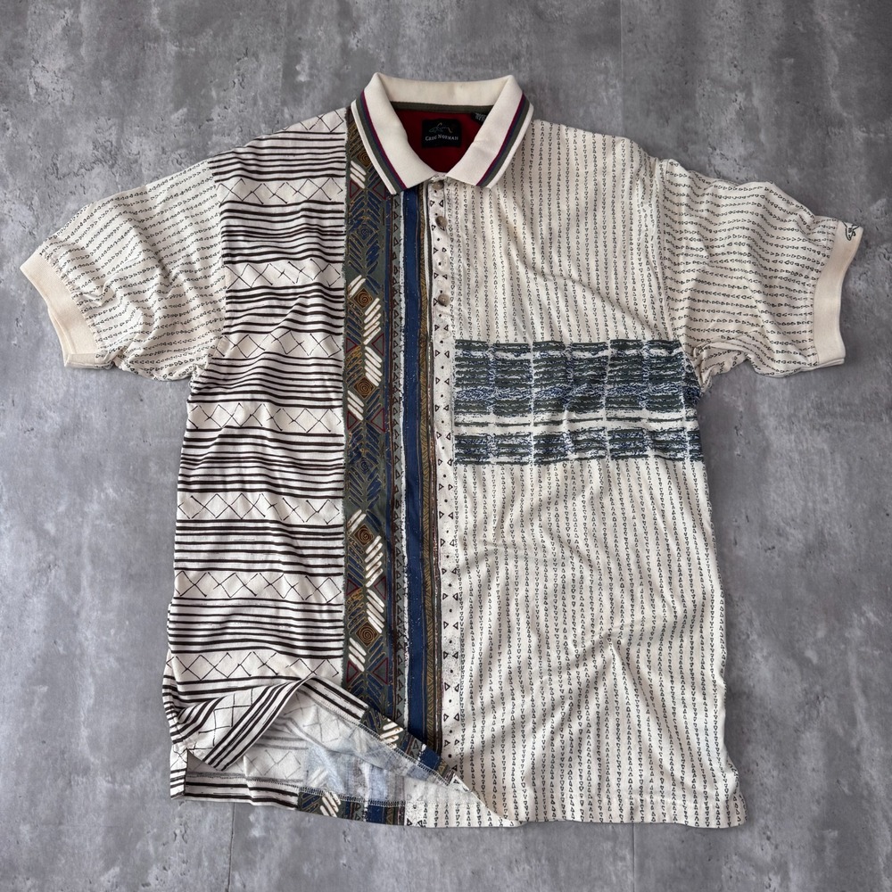 Vintage Greg Norman Polo Shirt Mens XL Cream Geometric All Over Print Golf 90s